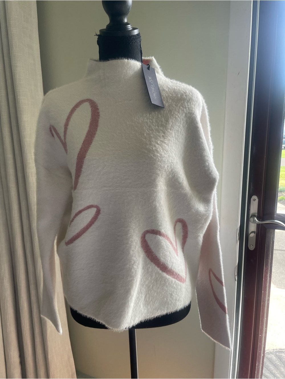 Rachel Zoe White Cowlneck Sweater with Pink Heart Accents